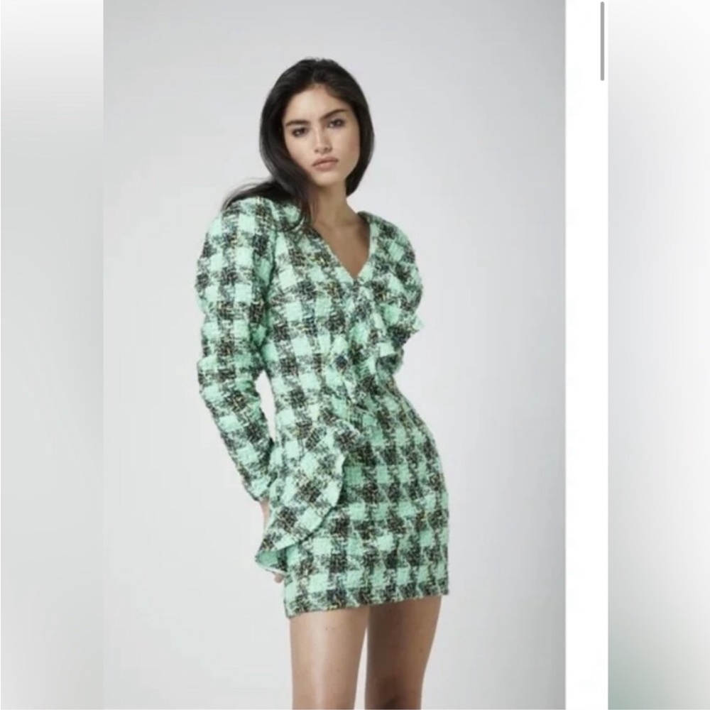 Revolve Atoir Leave Me Be Plaid Tweed sequined ruffled Dress in Aspen Green